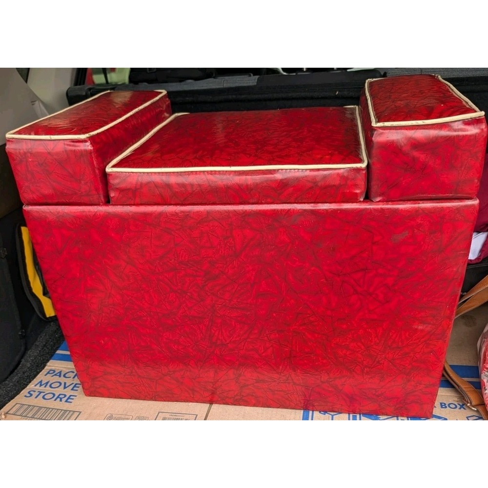 Vintage 1960s Red Marbleized Vinyl Storage Footstool Ottoman MCM Hassock Stool
